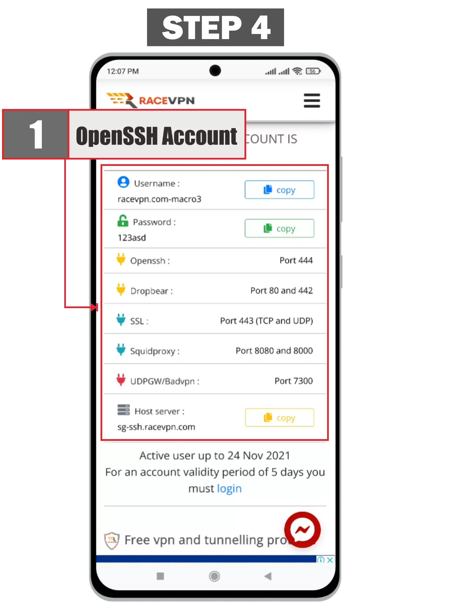 Copy the Account Details - OpenSSH on Android