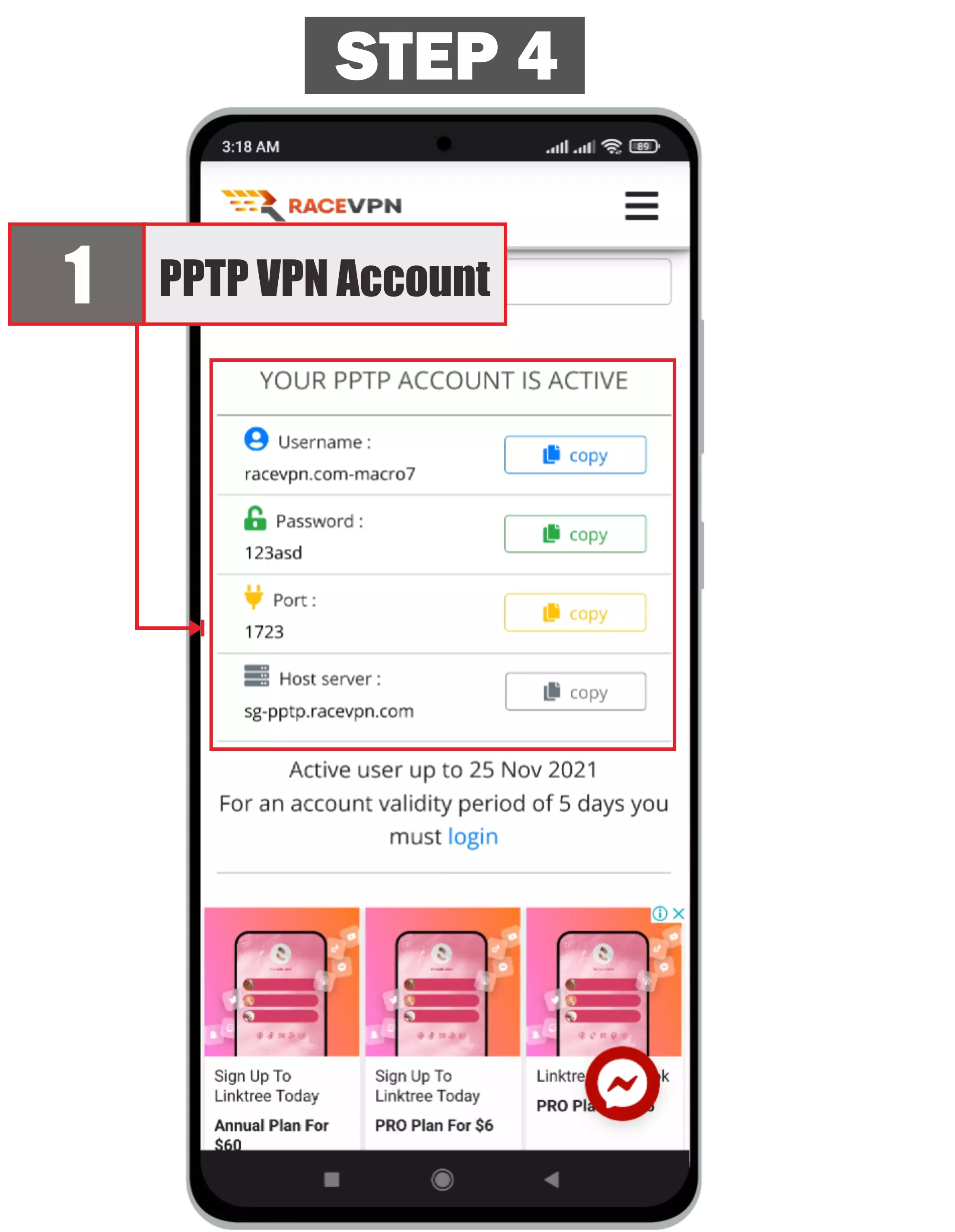 Enter the RaceVPN Server Address - PPTP VPN on Android